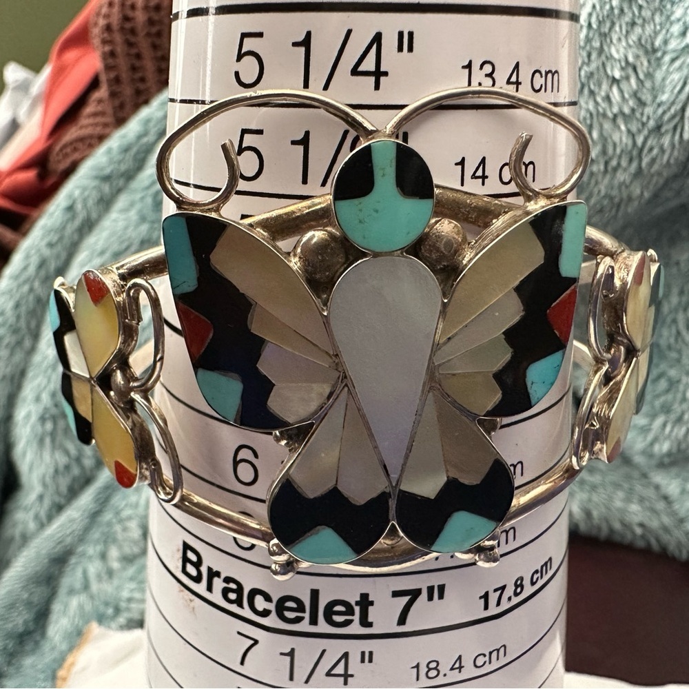 Zuni Handmade Sterling Silver Butterfly Cuff Bracelet Multicolor 7" - Picture 7 of 7